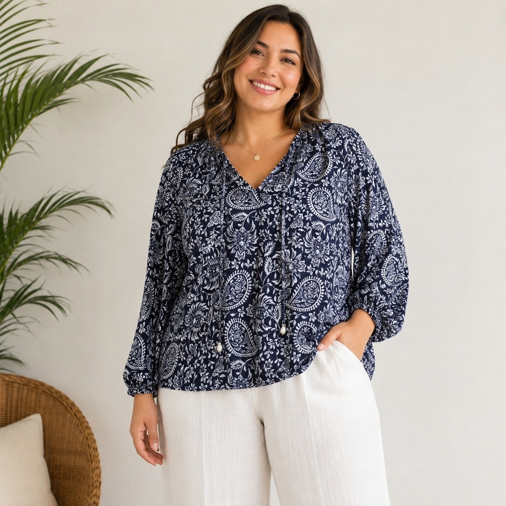 Rachel Zoe Navy White Paisley 100% Linen Long‎ Sleeve Tie Neck Top Womens XL
